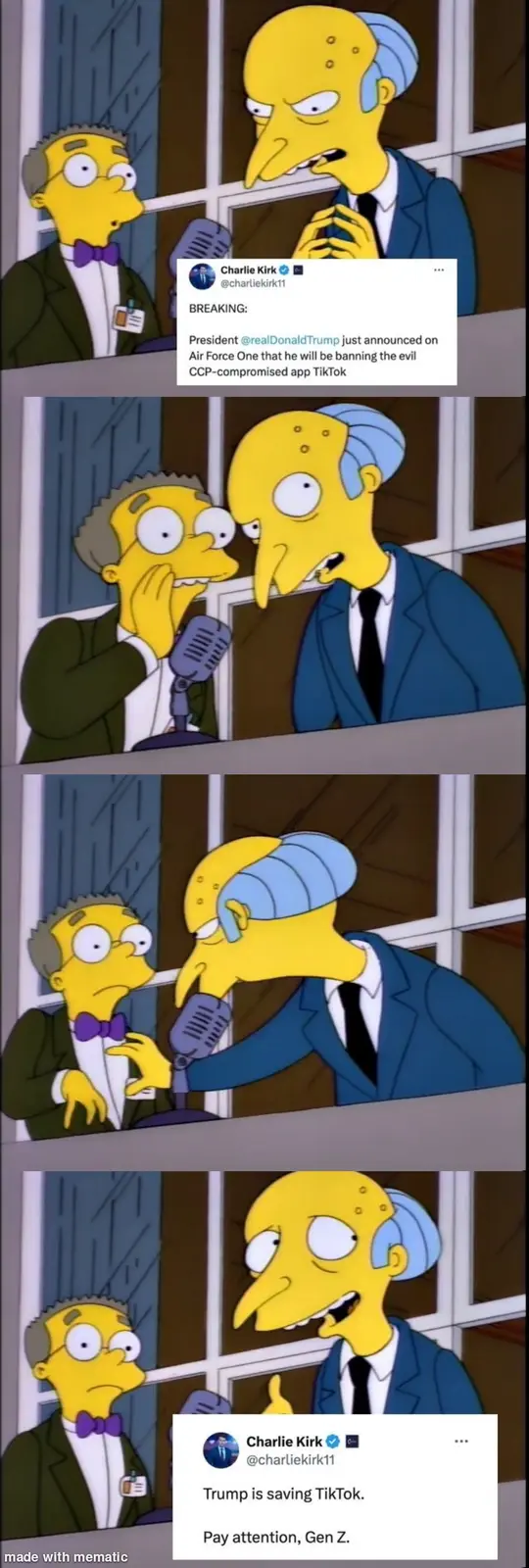 The meme uses a four-panel sequence from The Simpsons, showing a man in a suit with a blue hairpiece reacting to a tweet…