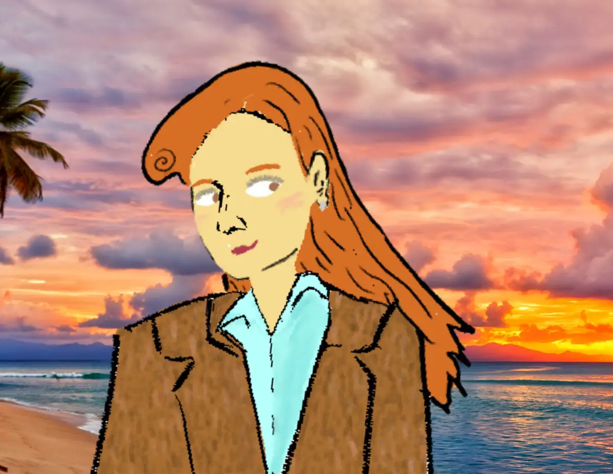 A cartoon-style illustration of a woman with reddish-brown hair, wearing a brown jacket over a light blue shirt, stands on a…