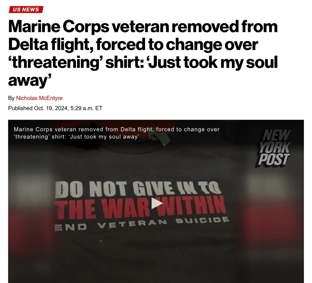 A screenshot of a news article from the New York Post shows a black t-shirt with the message 'DO NOT GIVE IN TO THE WAR…