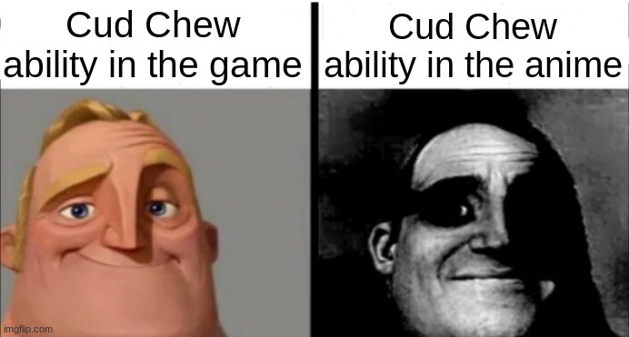 The image is split into two panels. The left panel shows a cheerful, cartoonish man with blonde hair and a wide smile. The…