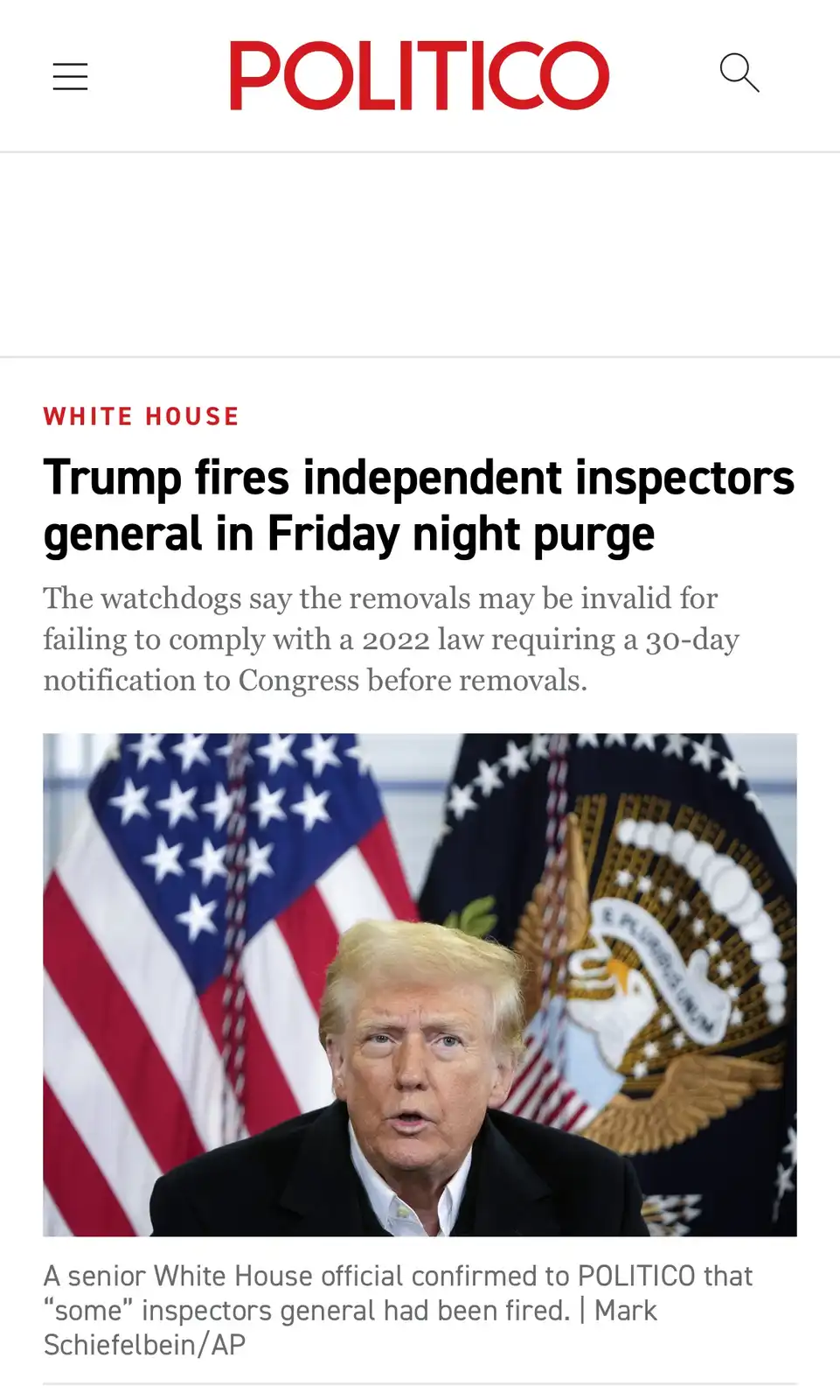 A screenshot of a POLITICO news article shows a photo of Donald Trump speaking in front of an American flag and the…