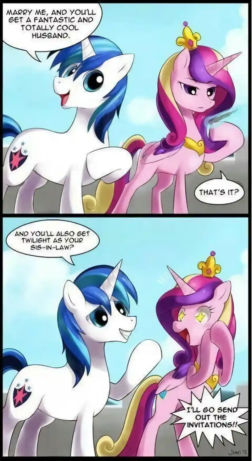 A two-panel comic featuring two My Little Pony characters. In the top panel, a white unicorn with blue hair proposes to a…