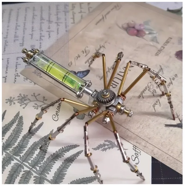 A steampunk-style spider sculpture made of brass, copper, and metal gears, featuring a transparent green liquid-filled tube…