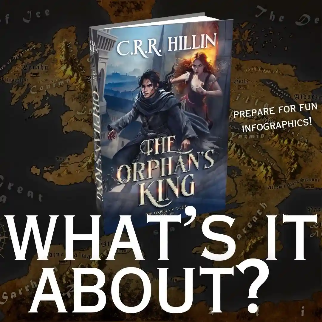 A book cover for 'The Orphan's King' by C.R.R. Hillin is centered over a fantasy map, with the text 'PREPARE FOR FUN…