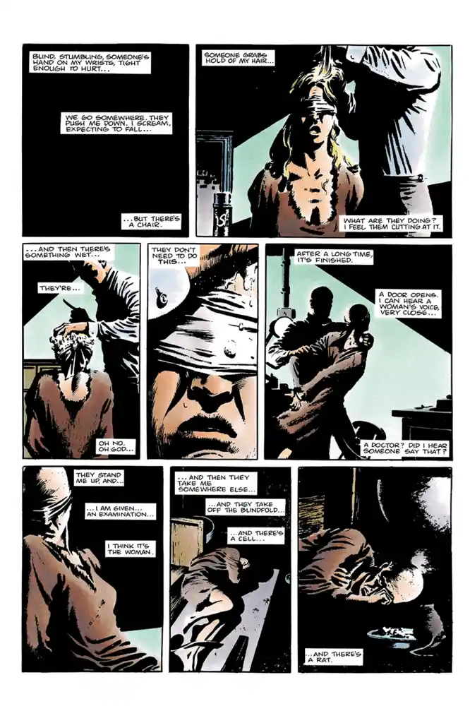 A comic strip panel sequence depicts a blindfolded woman being led, restrained, and subjected to a disturbing medical…