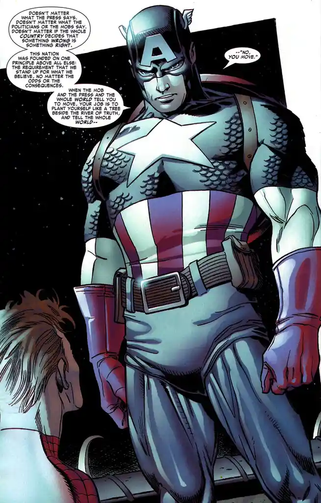 A comic book panel shows Captain America standing tall and sternly addressing a smaller figure, likely Spider-Man, who is…