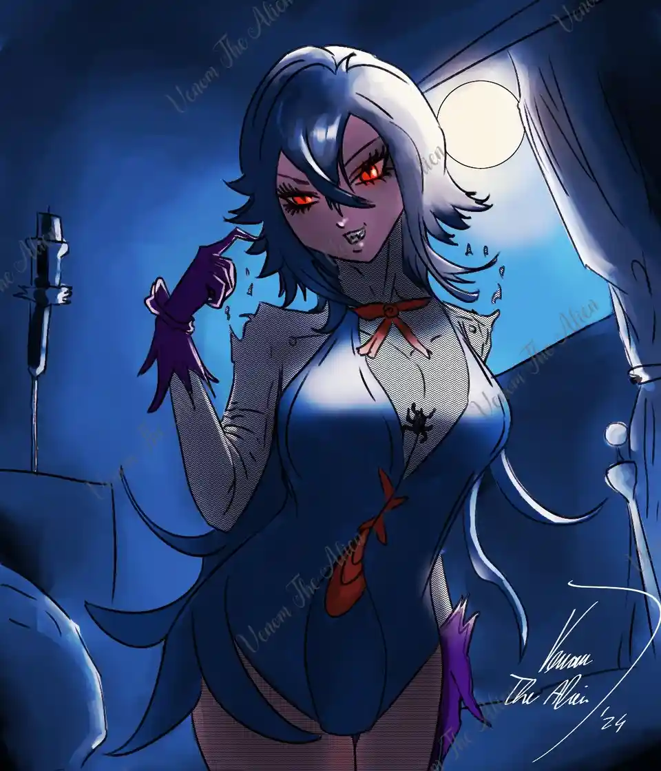 An anime-style illustration of a female character with pale skin, silver-blue hair, and glowing red eyes, wearing a dark…