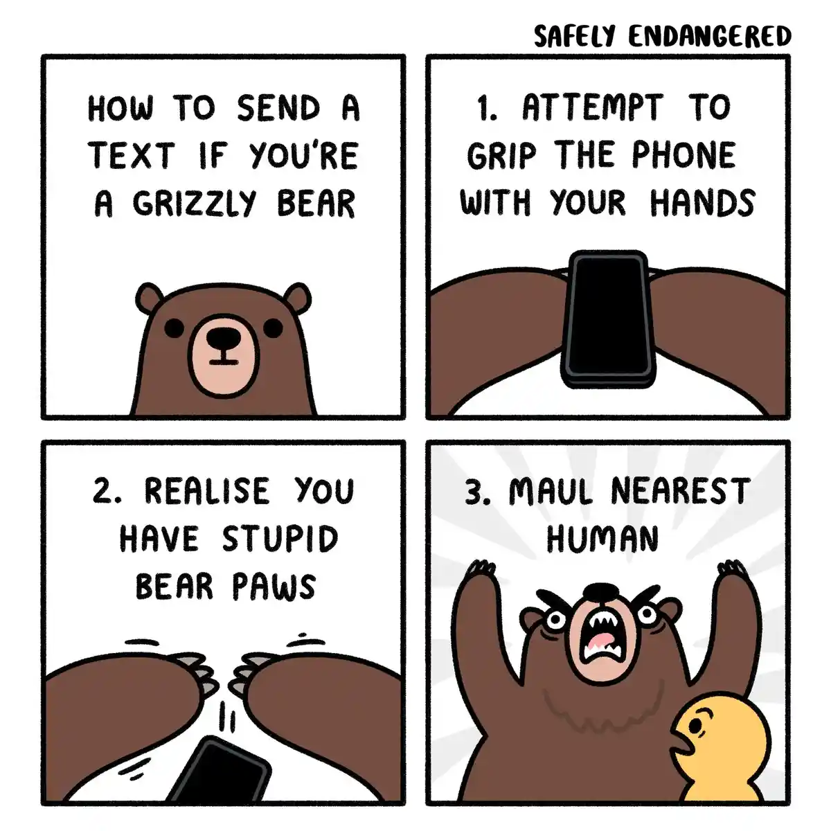 A four-panel comic titled 'SAFELY ENDANGERED' humorously illustrates a grizzly bear's failed attempt to text. The bear first…