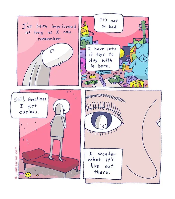 A four-panel comic strip shows a white, featureless humanoid figure imprisoned in a room filled with toys. The character…