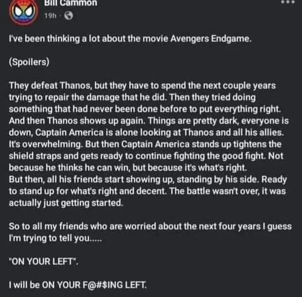 A screenshot of a social media post by Bill Cammon detailing a spoiler-heavy reflection on the movie Avengers Endgame, where…