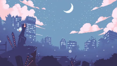 A pixel art image shows a character standing on a rooftop at night, looking out over a cityscape with a crescent moon and…