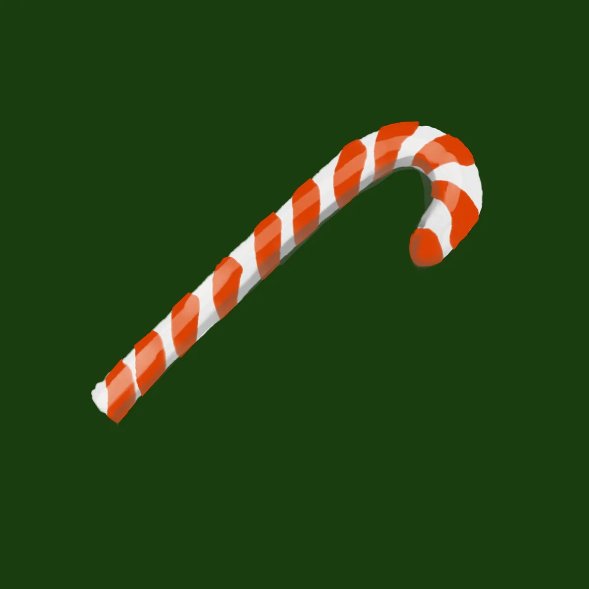 A digitally rendered candy cane with alternating red and white stripes is shown against a solid dark green background. The…