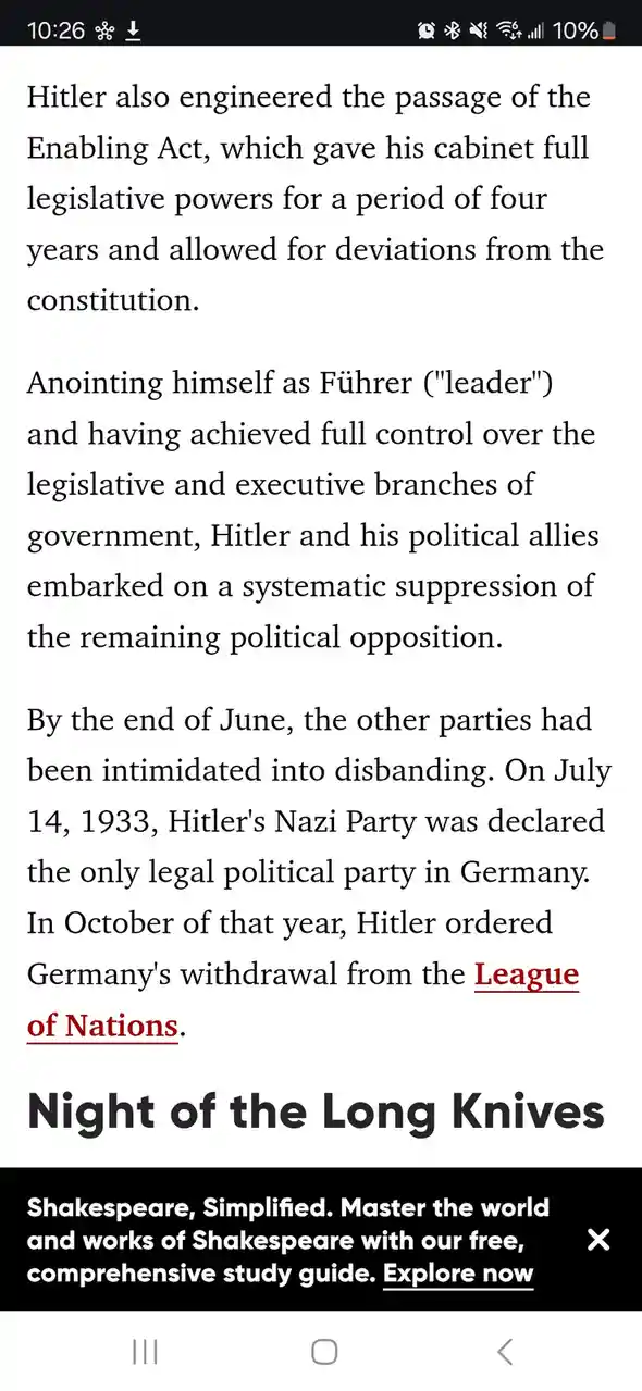 A screenshot of a historical text about Hitler's rise to power, with the phrase 'League of Nations' highlighted in red…
