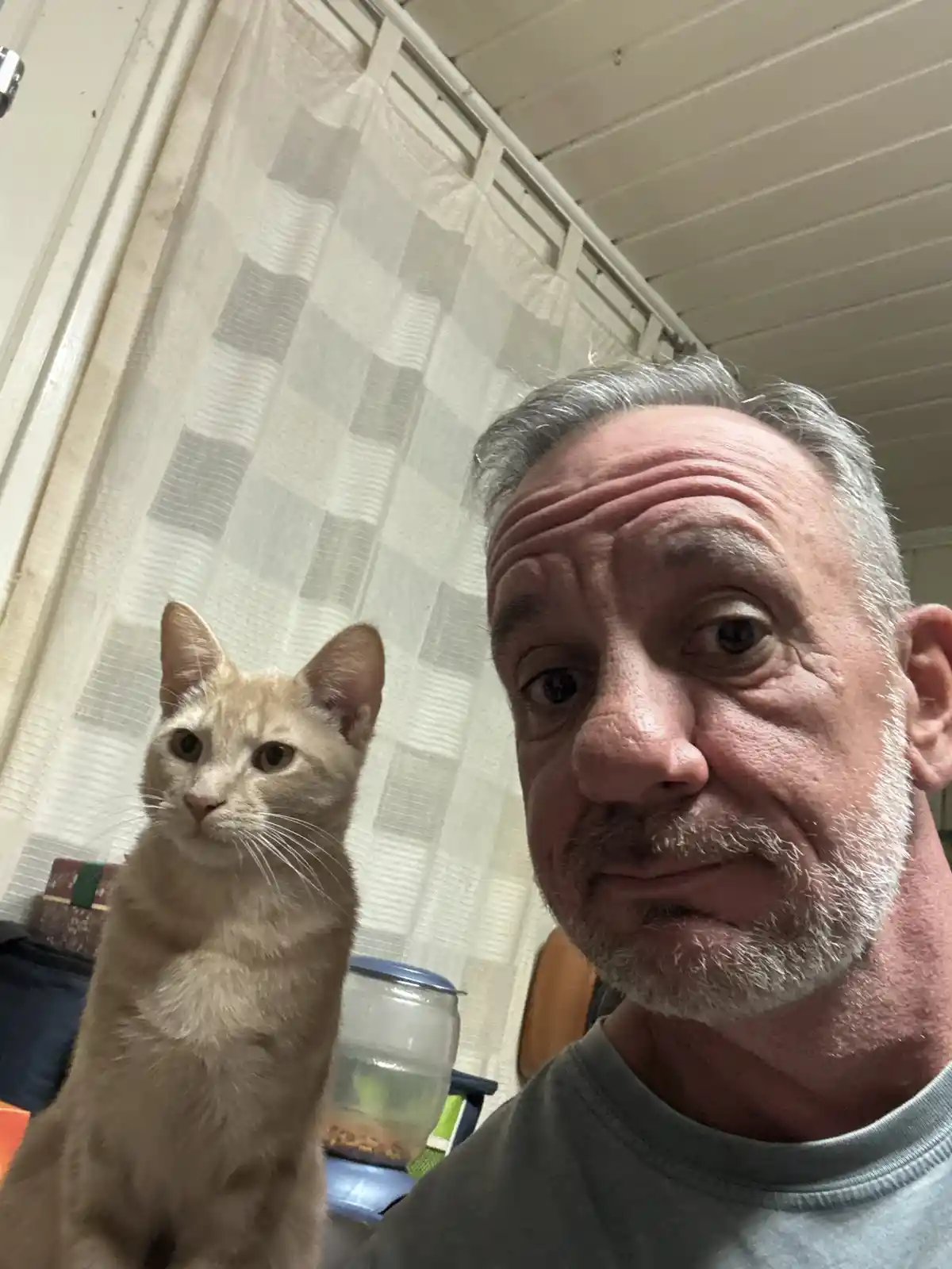 A selfie shows a middle-aged man with gray hair and a beard looking at the camera with a slightly amused expression, while a…