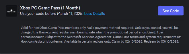 A screenshot of an Xbox Game Pass promotional offer page showing a 1-month subscription with a visible 'See Code' button and…