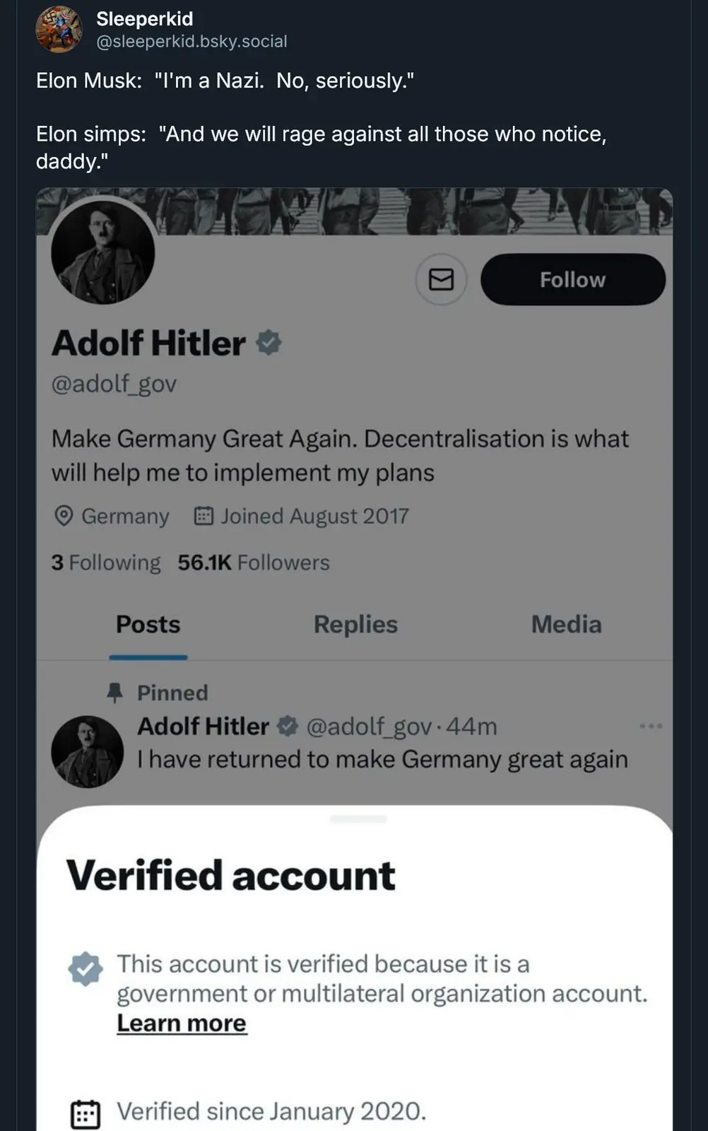 The image shows a mock social media profile for 'Adolf Hitler' with a verified badge, displaying a bio that reads 'Make…