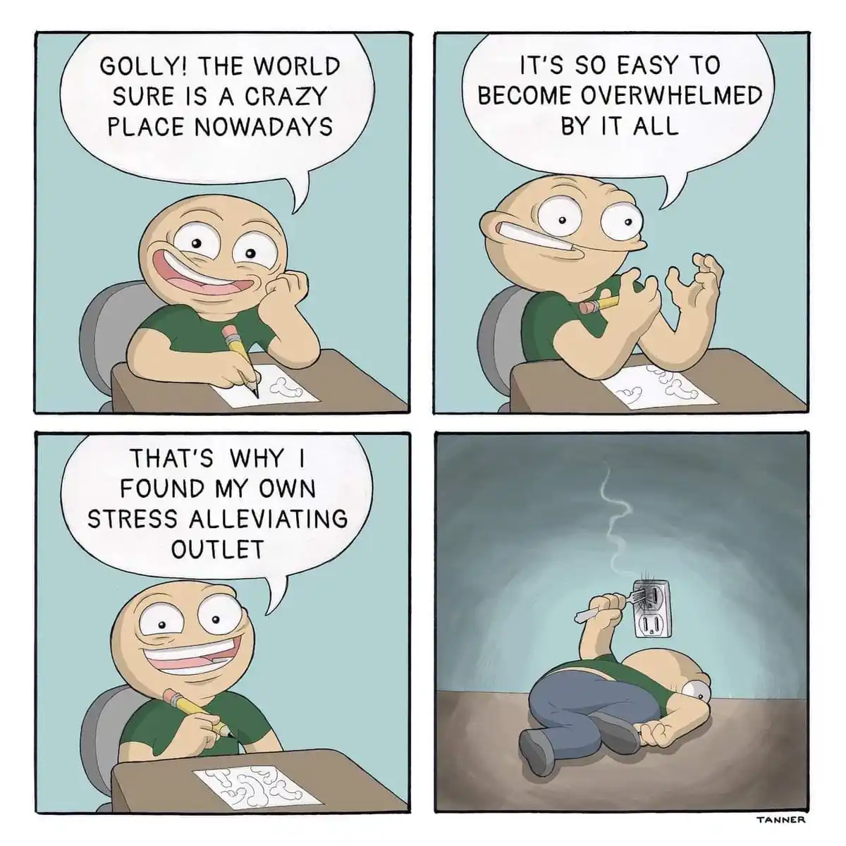 A four-panel comic strip shows a bald cartoon man sitting at a desk, initially smiling while drawing, then expressing…
