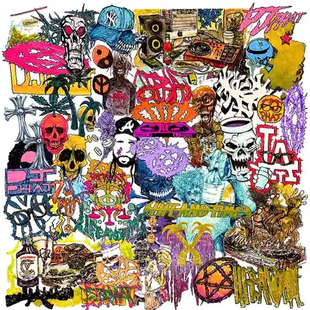 A chaotic, colorful collage of graffiti-style art featuring skulls, a DJ turntable, a baseball cap, a peace sign, a bottle…