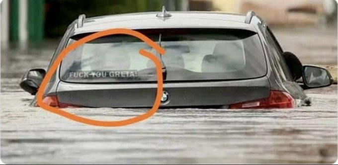 A silver BMW station wagon is partially submerged in floodwater, with an orange circle highlighting the rear window where…