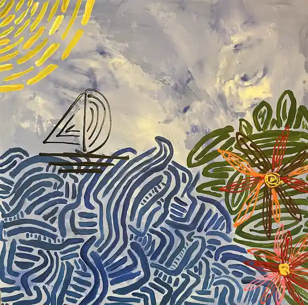 A stylized painting shows a simple sailboat on blue wavy water under a cloudy sky with a yellow sun, next to large green…