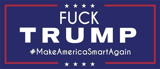 A blue political-style bumper sticker with red borders and white stars, featuring the bold text 'FUCK TRUMP' in large…