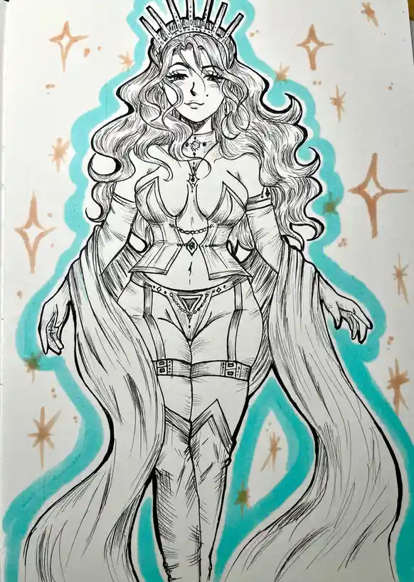 A hand-drawn illustration of a woman with long wavy hair, wearing a spiked crown, ornate corset, and a flowing cape…