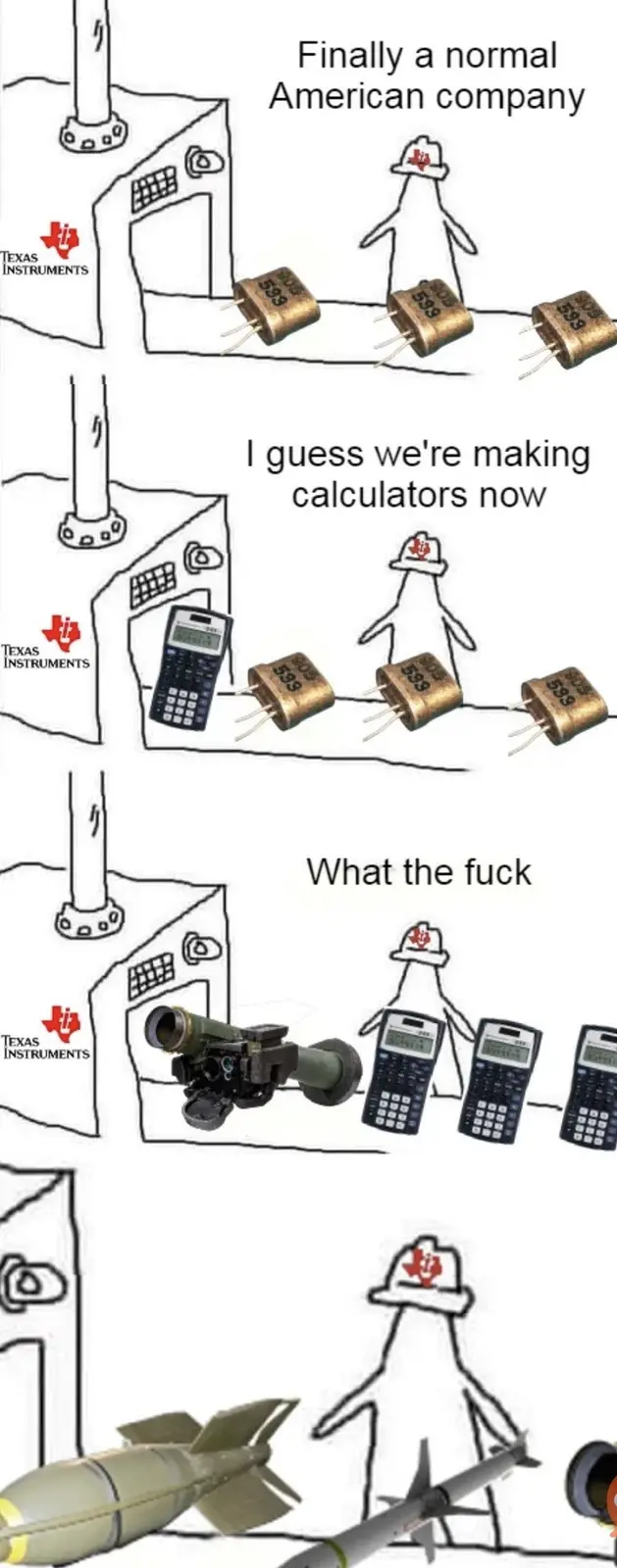 A four-panel comic shows a stick figure worker at a Texas Instruments factory. Initially, they assemble small electronic…