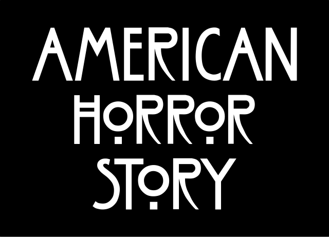 The image displays the title 'AMERICAN HORROR STORY' in large, white, stylized capital letters centered on a solid black…