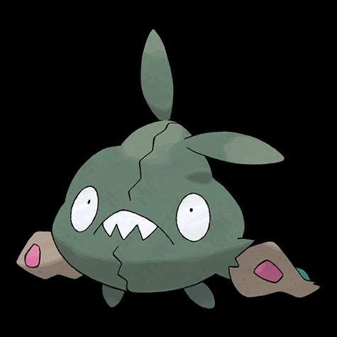 A green, cracked Pokémon named Grimer with wide, startled eyes and a jagged mouth, set against a black background. The text…