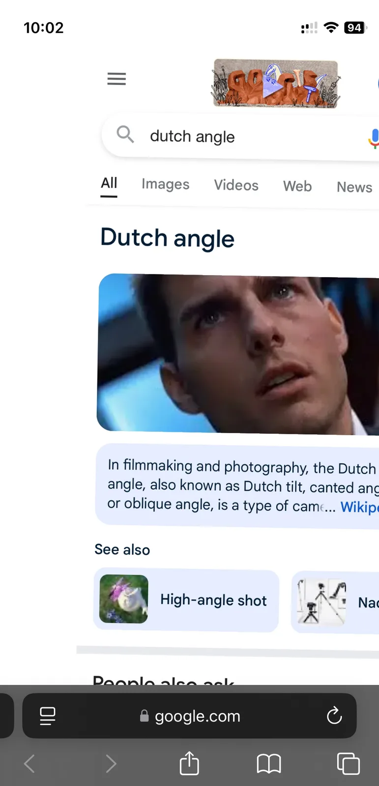 A screenshot of a Google search results page for 'dutch angle' shows a definition snippet and an image of Tom Cruise looking…