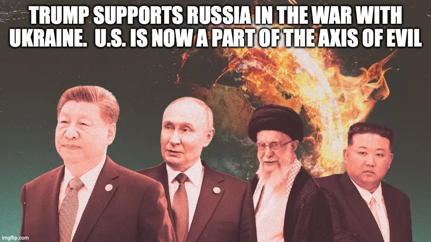 The image displays four men in suits standing side-by-side against a dark background with a fiery, burning globe behind…