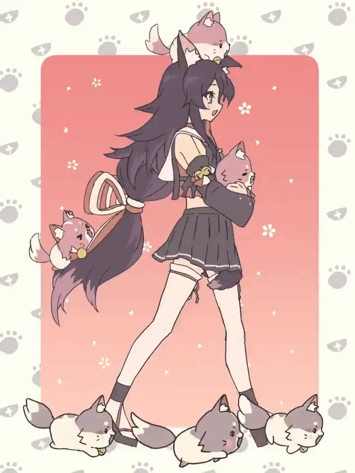 A six-panel image shows an anime-style girl with long dark hair and cat ears, walking while carrying multiple small cats in…