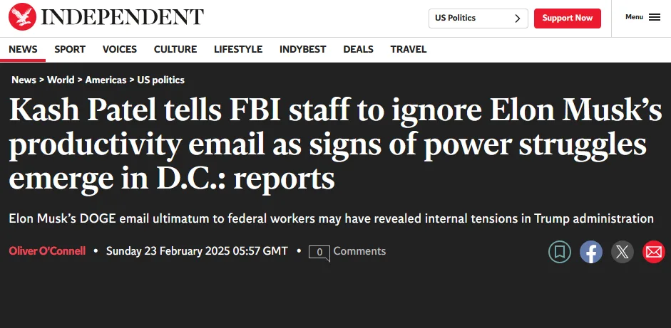 A screenshot of a fake news article from the Independent website, with a headline reading 'Kash Patel tells FBI staff to…