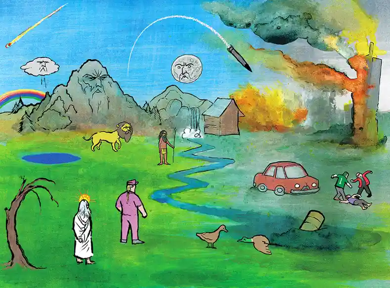 A surreal, hand-drawn illustration depicts a chaotic landscape with a rainbow, a lion, a man with a staff, a burning…