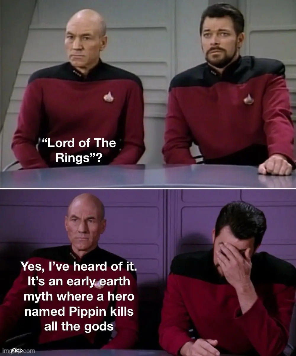 Two men in Starfleet uniforms sit at a table. In the top panel, one asks, “Lord of The Rings”?”. In the bottom panel, the…