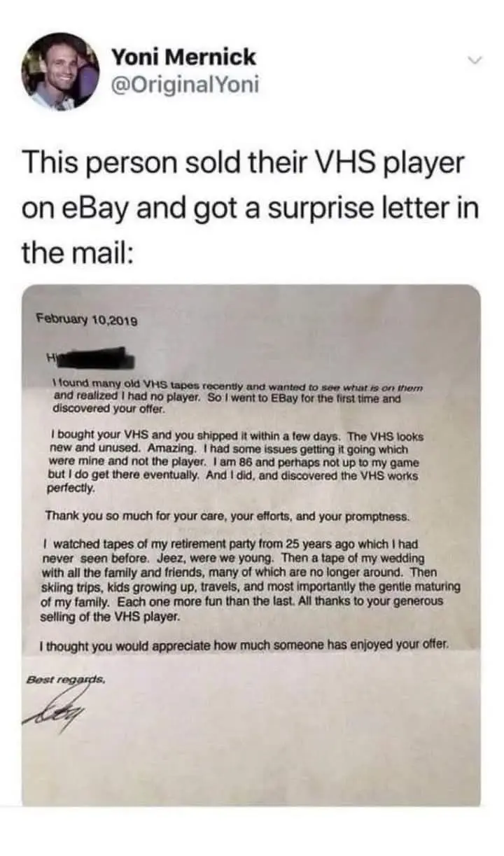 A screenshot of a tweet by Yoni Mernick showing a letter dated February 10, 2019, from an 86-year-old buyer who purchased a…