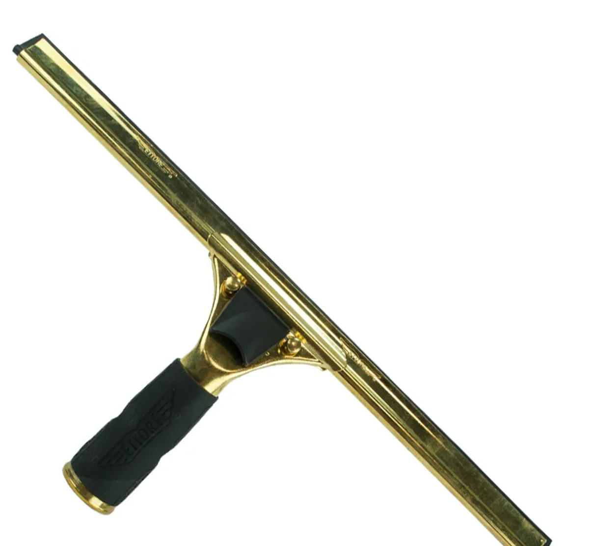 a shiny gold-plated squeegee with a black rubber blade and handle, set against a plain white background. The overlaid text…