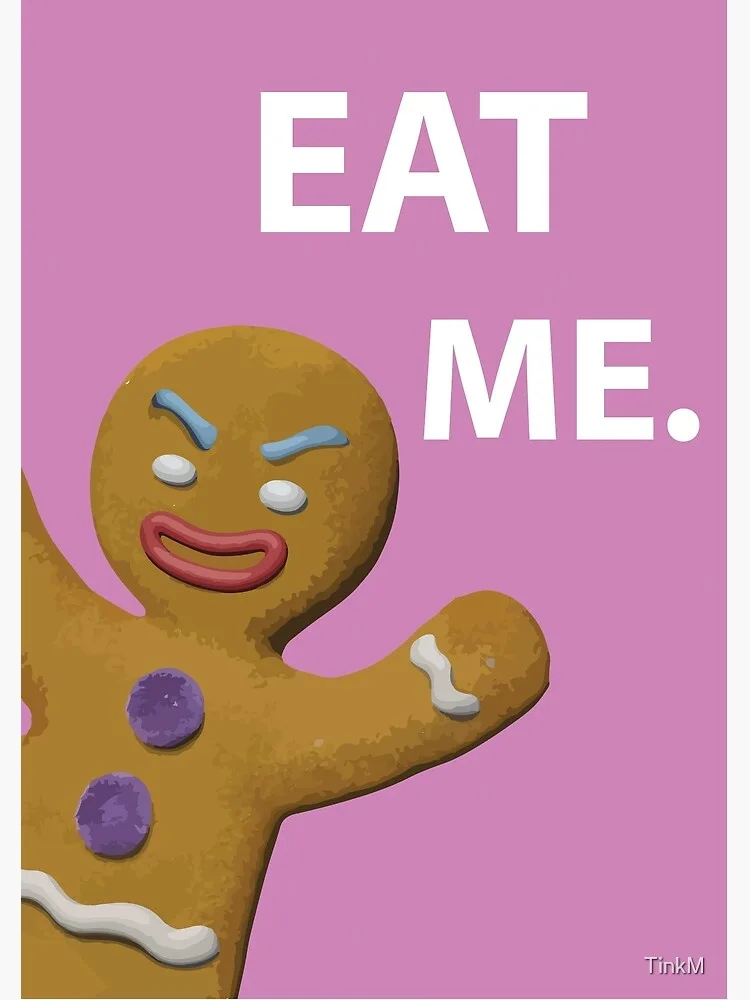 A cartoon gingerbread man with a mischievous, smug expression and raised eyebrows is shown against a solid pink background…
