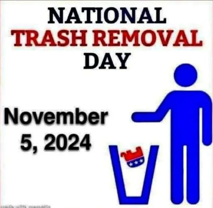 A graphic resembling a public service announcement for 'National Trash Removal Day' on November 5, 2024, features a blue…