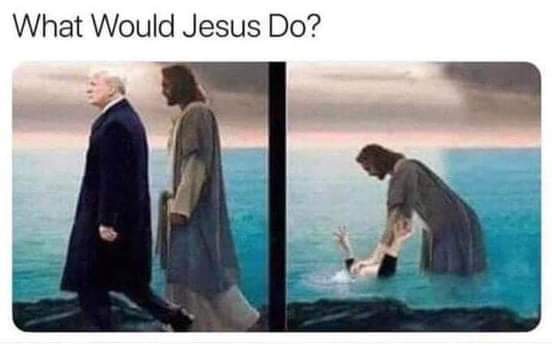 The image is split into two panels. The left panel shows a man in a dark suit walking beside Jesus in a robe along a…
