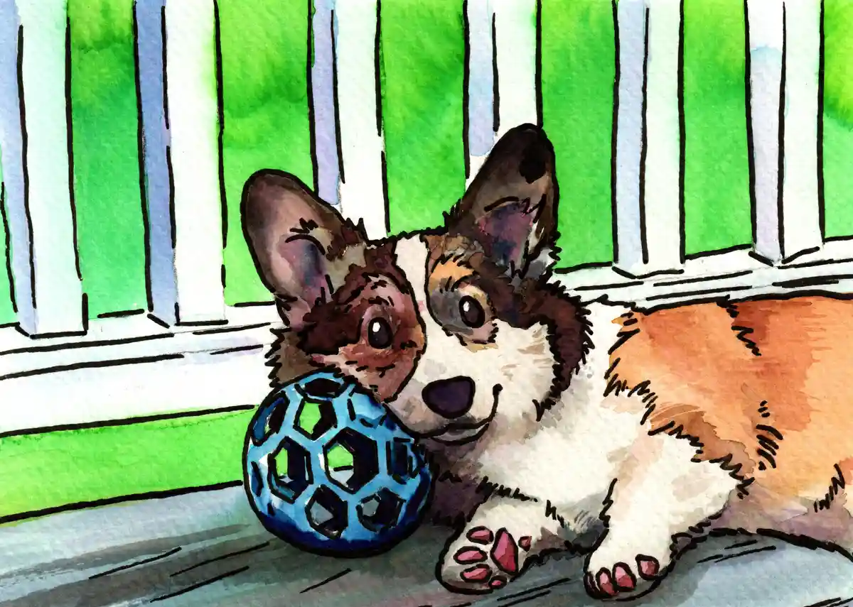 A watercolor illustration of a corgi dog lying down with a blue and green soccer ball in front of it, against a green and…