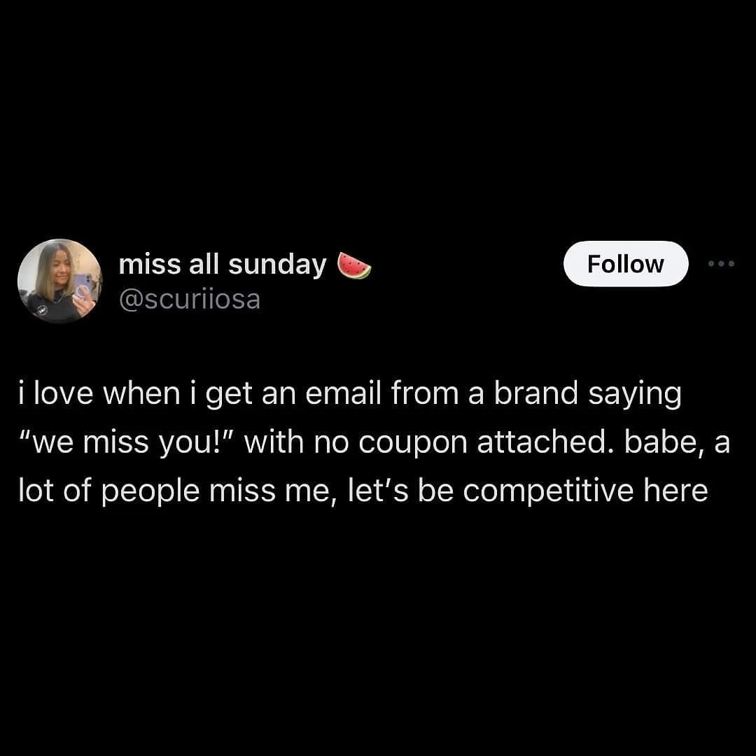 A screenshot of a tweet from user 'miss all sunday' with a watermelon emoji, showing a black background with white text. The…