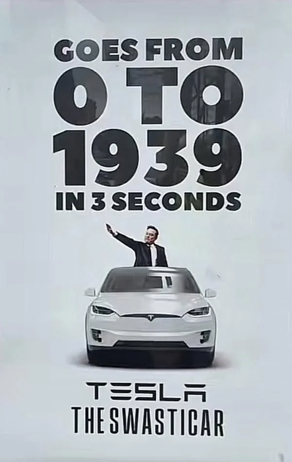 An image of a white Tesla car with a man in a suit standing on its roof, waving. Large black text above reads 'GOES FROM 0…