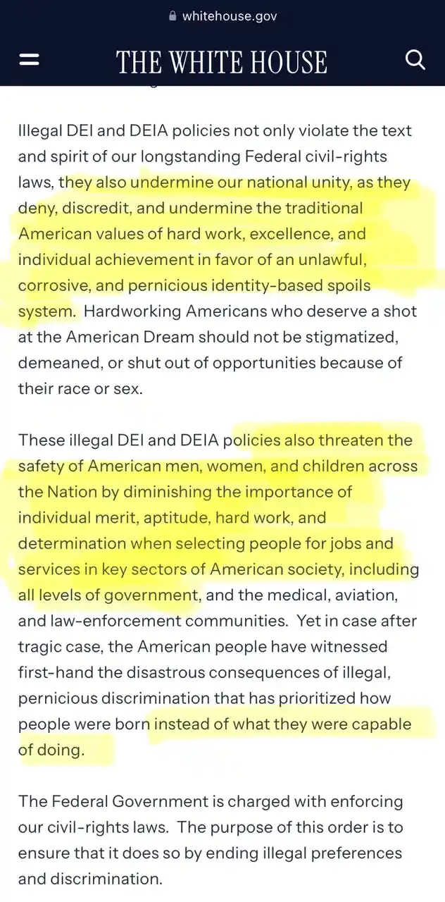 A screenshot of a whitehouse.gov webpage with text about illegal DEI and DEIA policies being highlighted in yellow. The text…