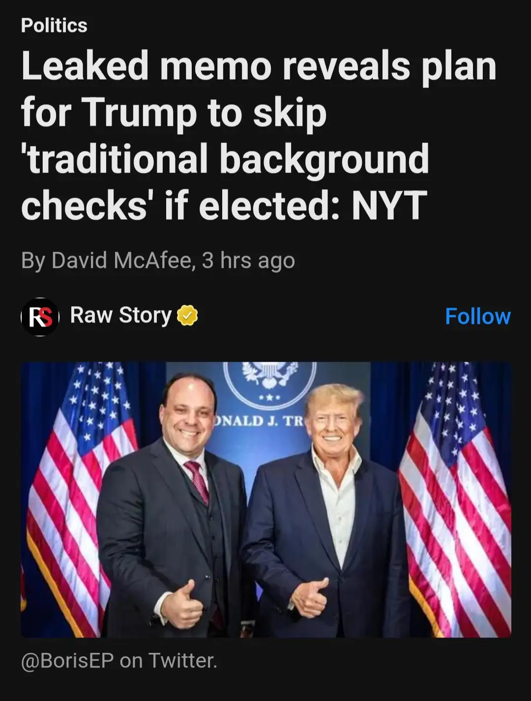 A screenshot of a fake news article from 'Raw Story' with the headline 'Leaked memo reveals plan for Trump to skip…