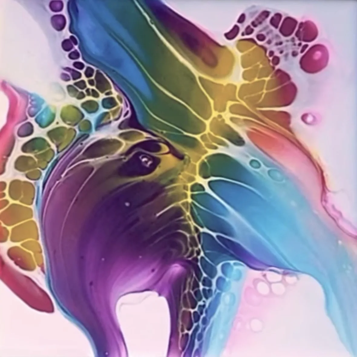 A vibrant abstract painting of swirling rainbow colors with cellular patterns, overlaid with the text 'i'm not a fan of the…