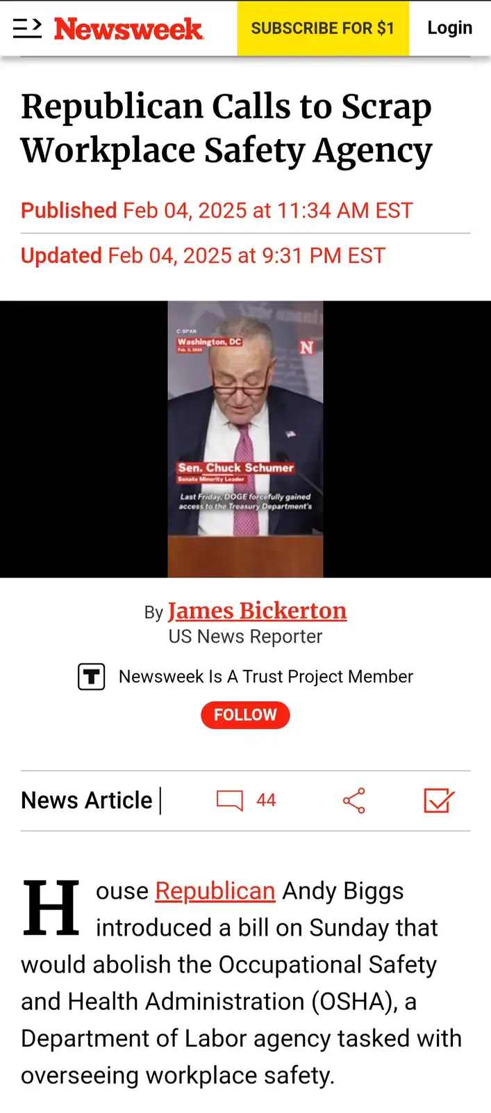 A screenshot of a Newsweek article titled 'Republican Calls to Scrap Workplace Safety Agency' shows a video clip of Sen…