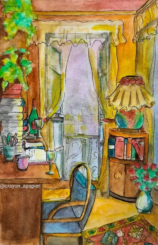 A watercolor-style drawing of a cozy, cluttered room with a chair, books, a lamp, and a window. The overlaid text reads 'i'm…