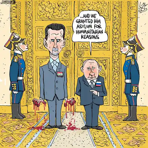 A cartoon depicts two men in suits, one with bloodied hands dripping onto a patterned floor, standing before ornate golden…