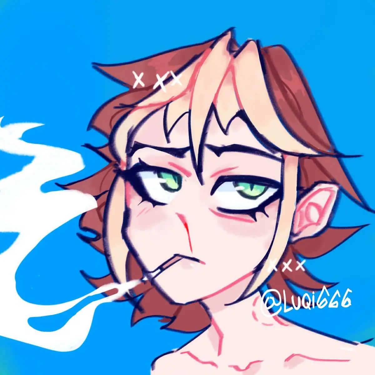 An anime-style illustration of a character with brown hair and green eyes, showing an angry expression with steam rising…